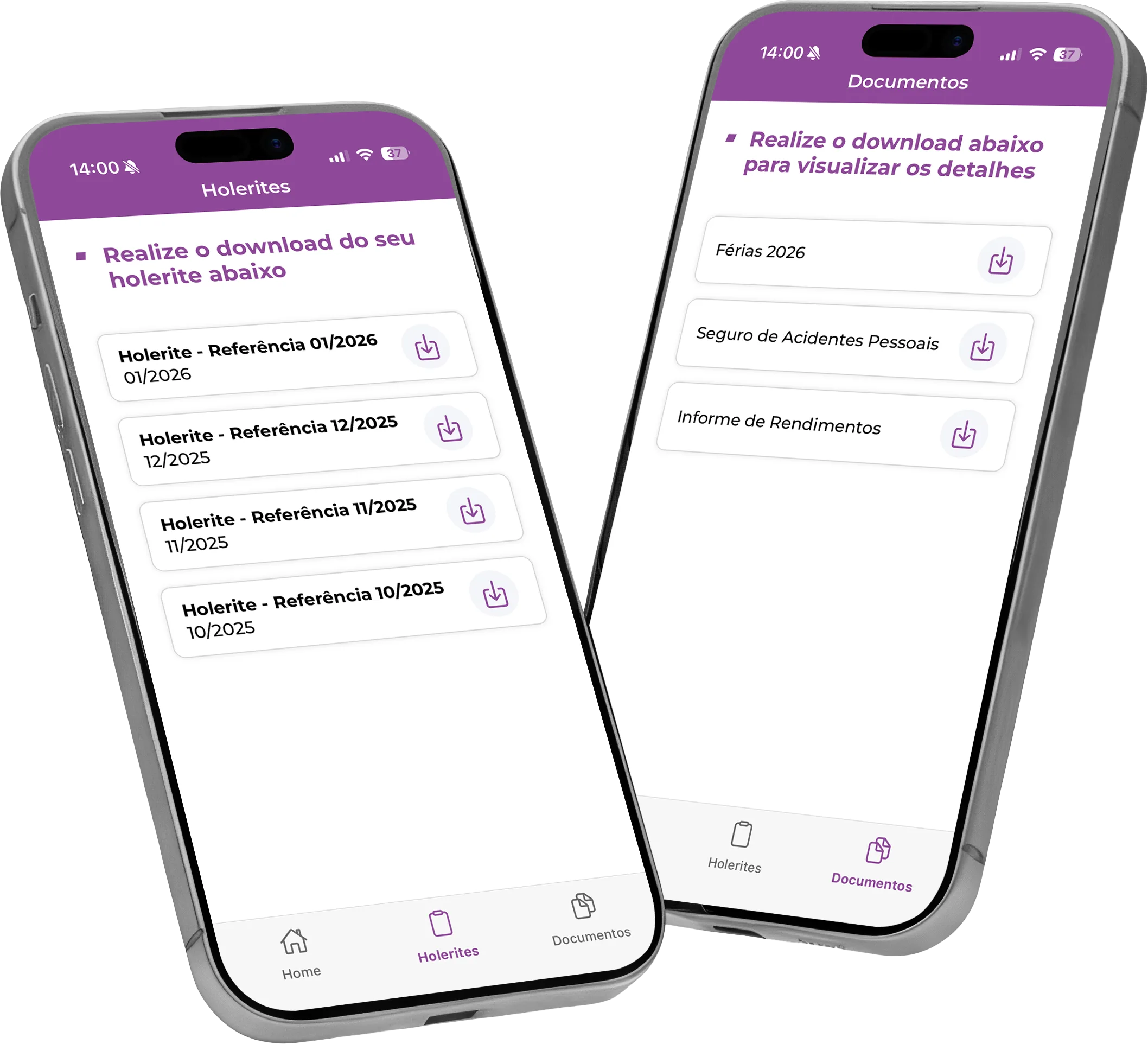 Telas do aplicativo RH365: lista de holerites por mês para download e lista de documentos, como o informe de rendimentos